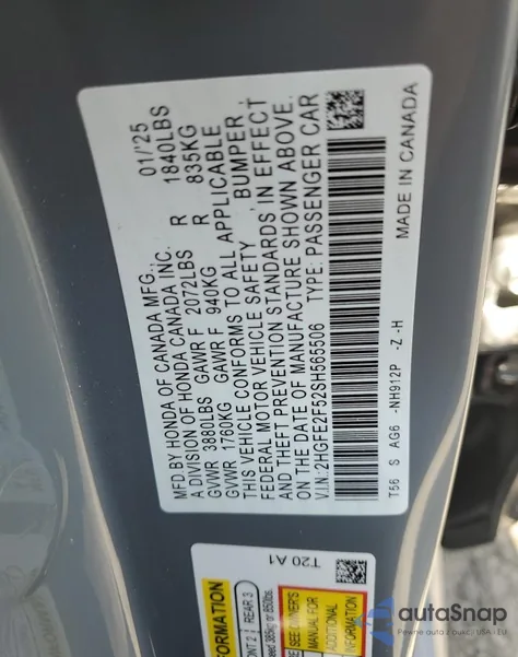 2025 Honda Civic Sport from USA, damaged, VIN 2HGFE2F52SH565506